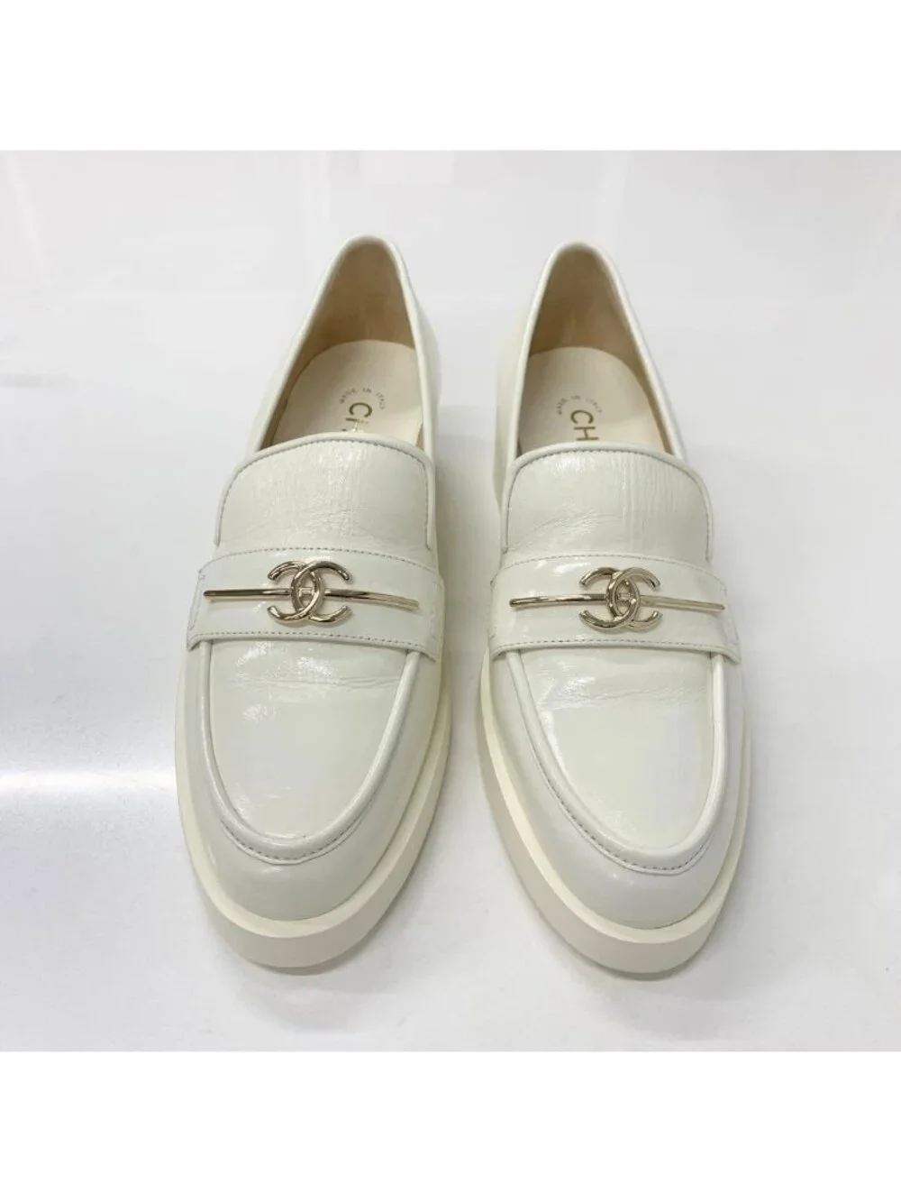 Chanel Coco Mark Leather Loafers White